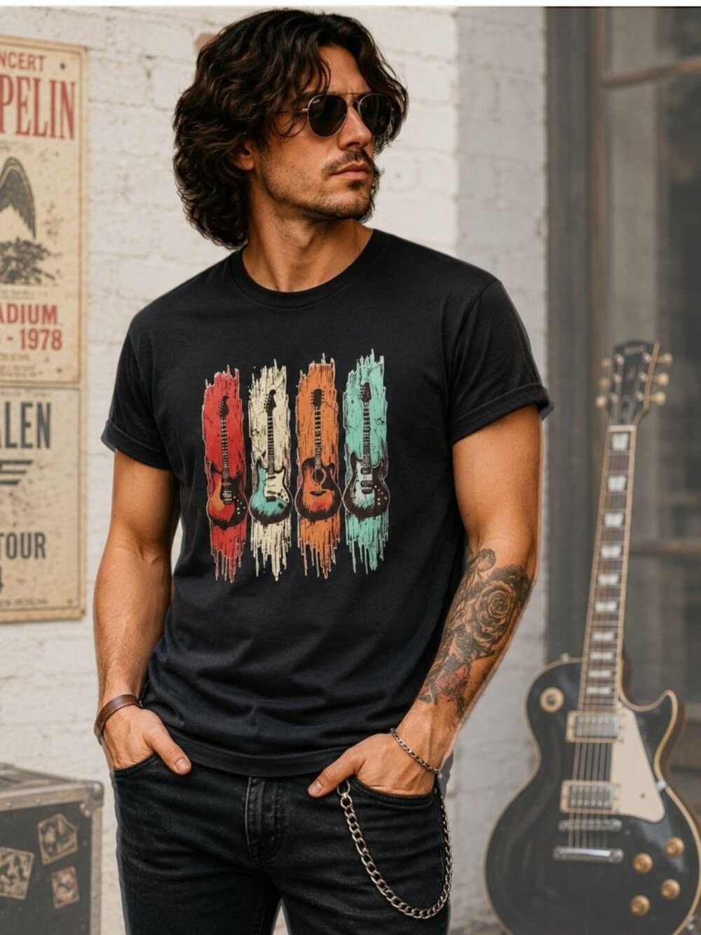 Retro Guitar Shirt Size S Black Music Graphic Tee Cotton Distressed